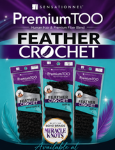 Premium Too Feather Crochet deep wave hair extensions in 14 to 18 inches, showcasing lightweight feathered crochet hairstyle.