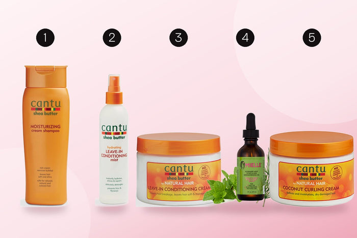 Five-step Afro hair routine: Cantu shampoo, leave-in mist, leave-in cream, Mielle rosemary oil and Cantu curling cream
