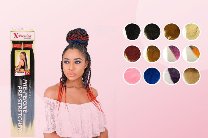 X-pression pre-stretched braiding hair with a model wearing braids and a selection of shade swatches