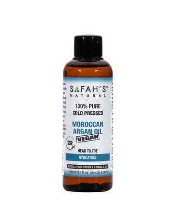 Safah's Natural 100ml pure Moroccan argan oil bottle for hair and skin care, with a clear label and golden oil inside.
