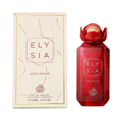 Elysia Apple Rouge perfume bottle by Fragrance World, 100ml EDP fragrance with a sleek design and fruity apple scent.