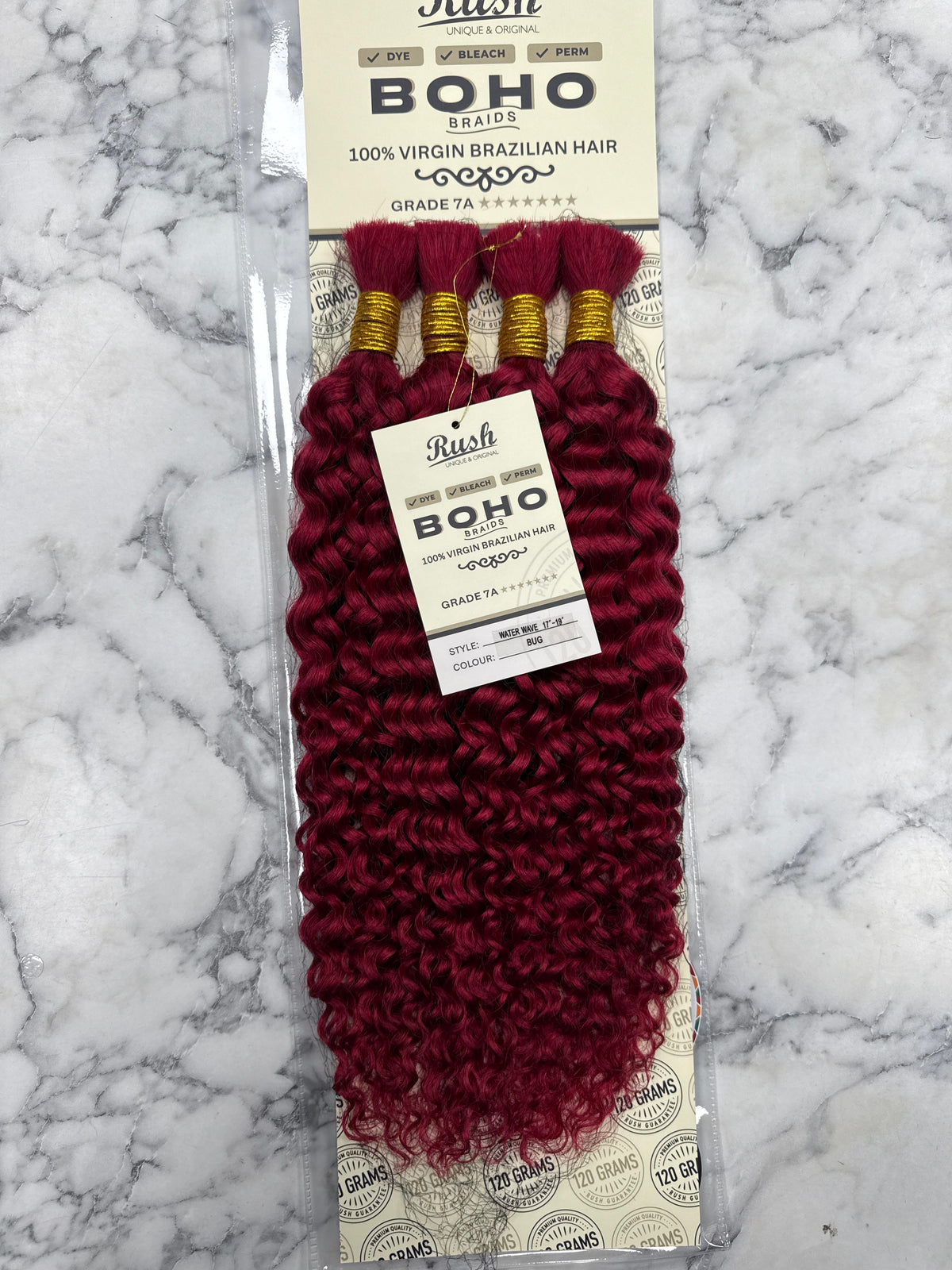 Rush Boho Braids Water Wave Virgin Brazilian Hair extensions in 17 to 19 inches, showcasing natural water wave texture and rich color.