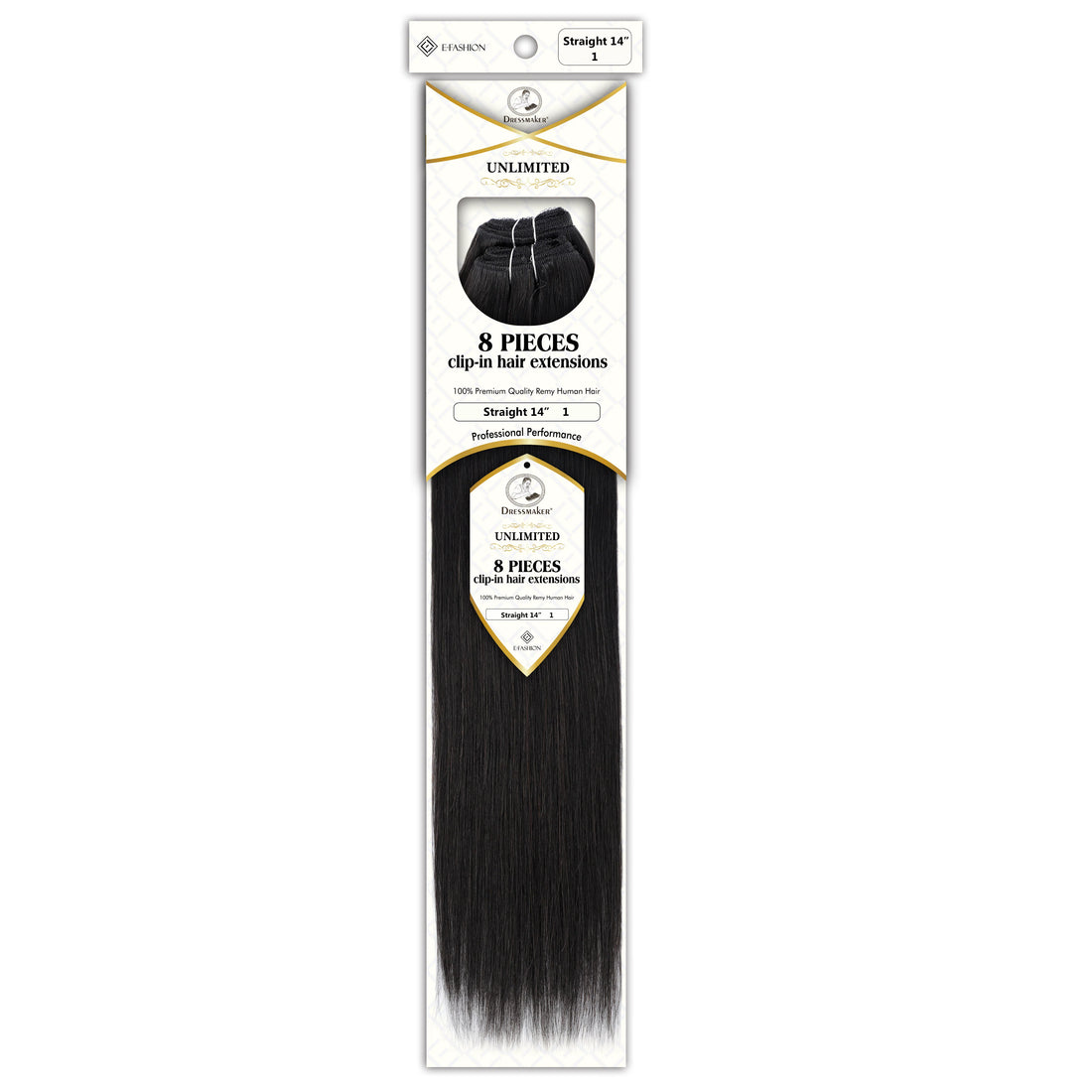 Dressmaker 100% human hair clip-in extension set with straight 14", 18", and 22" lengths for natural, versatile hair styling.