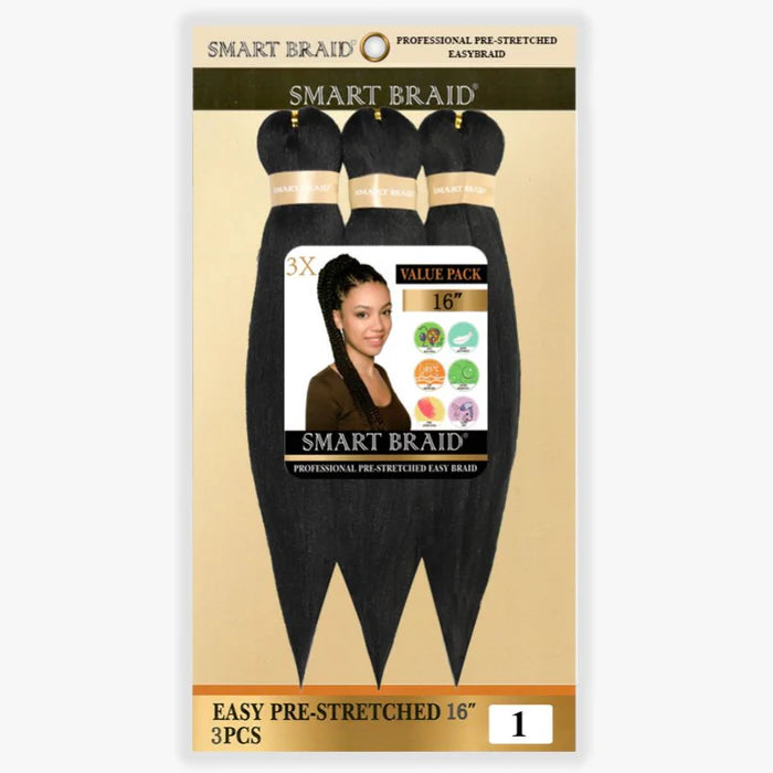 Smart Braid 3-pack 16-inch pre-stretched easy braid hair extensions in nine vibrant colors, displayed in a neat bundle.