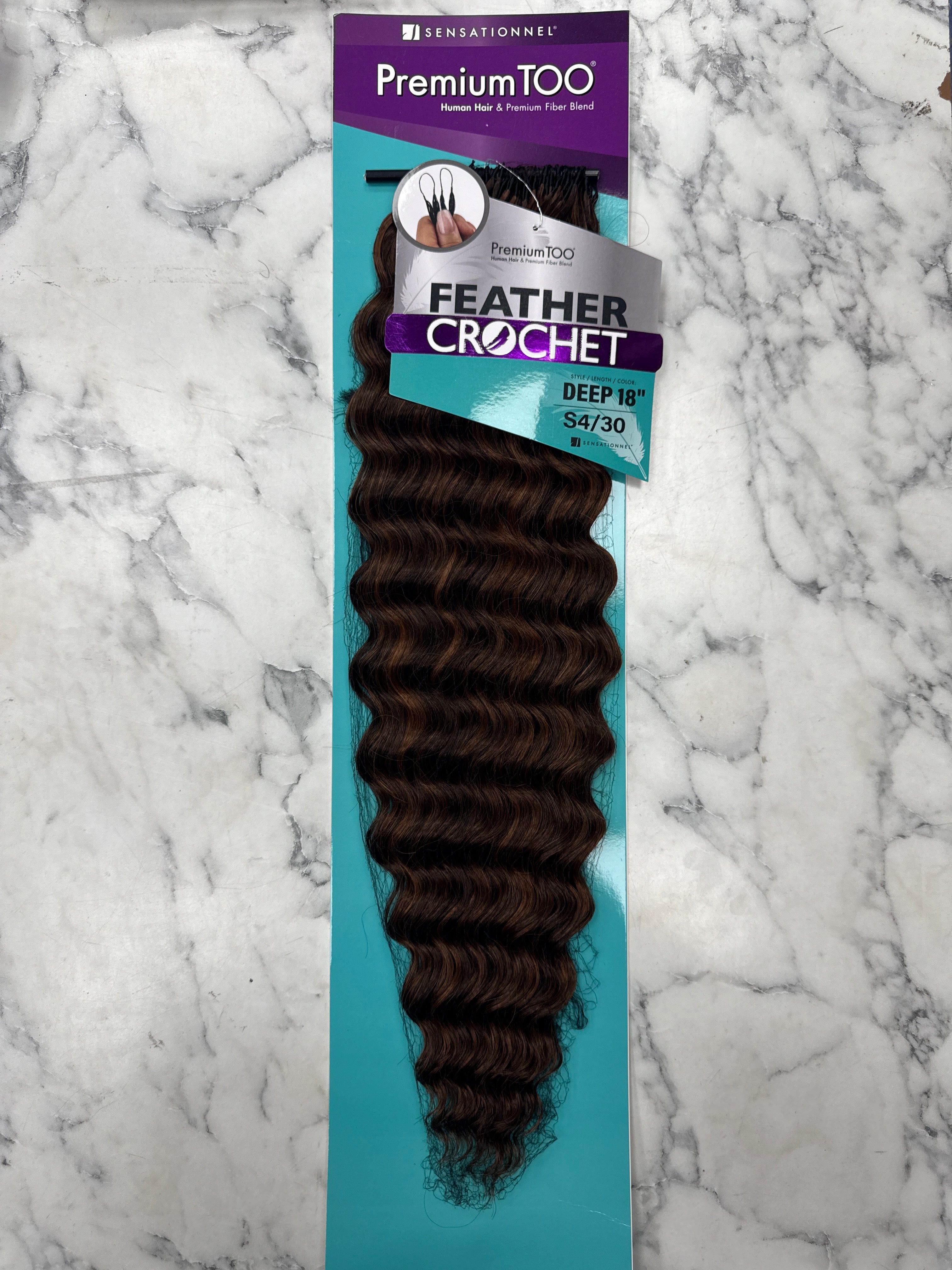 Premium Too blend feather crochet hair extensions in deep wave style, 14 to 18 inches, showcasing textured, curly synthetic hair.