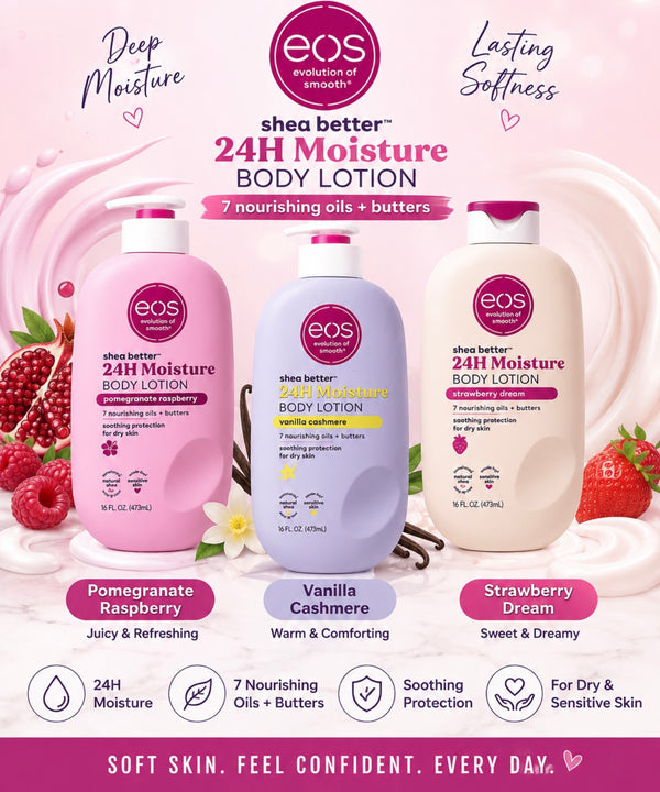 EOS Body Lotion 16oz bottle featuring smooth, hydrating hand and body lotion with a sleek design and pastel-colored cap.