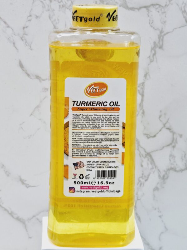 Veetgold Turmeric Super Whitening Body Repair Oil 500ml bottle with golden cap and label, back view of the 500ml size.