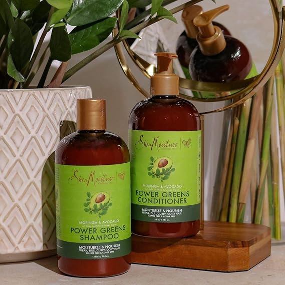 SheaMoisture Power Greens curly hair shampoo and conditioner with moringa and avocado for dry hair, 13oz bottles.