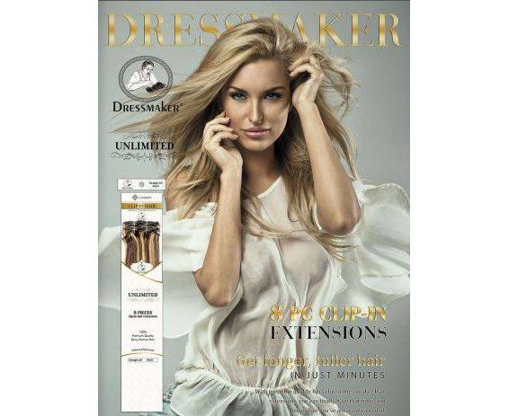 Dressmaker 100% human hair clip-in extension set with straight 14", 18", and 22" lengths, natural black color, and easy application.