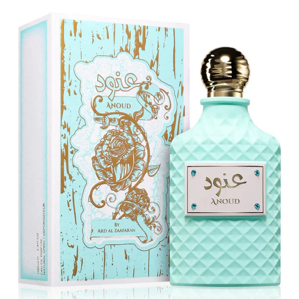 Anoud 100ml Eau de Parfum by Ard Al Zaafaran displayed in a sleek glass bottle with a black cap.