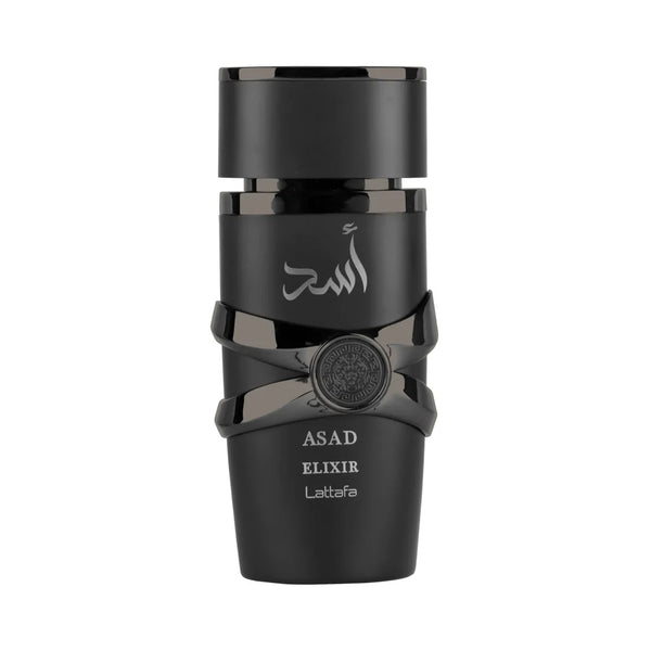 Lattafa Asad Elixir perfume 100ml EDP for men, featuring a sleek bottle design and luxurious fragrance.