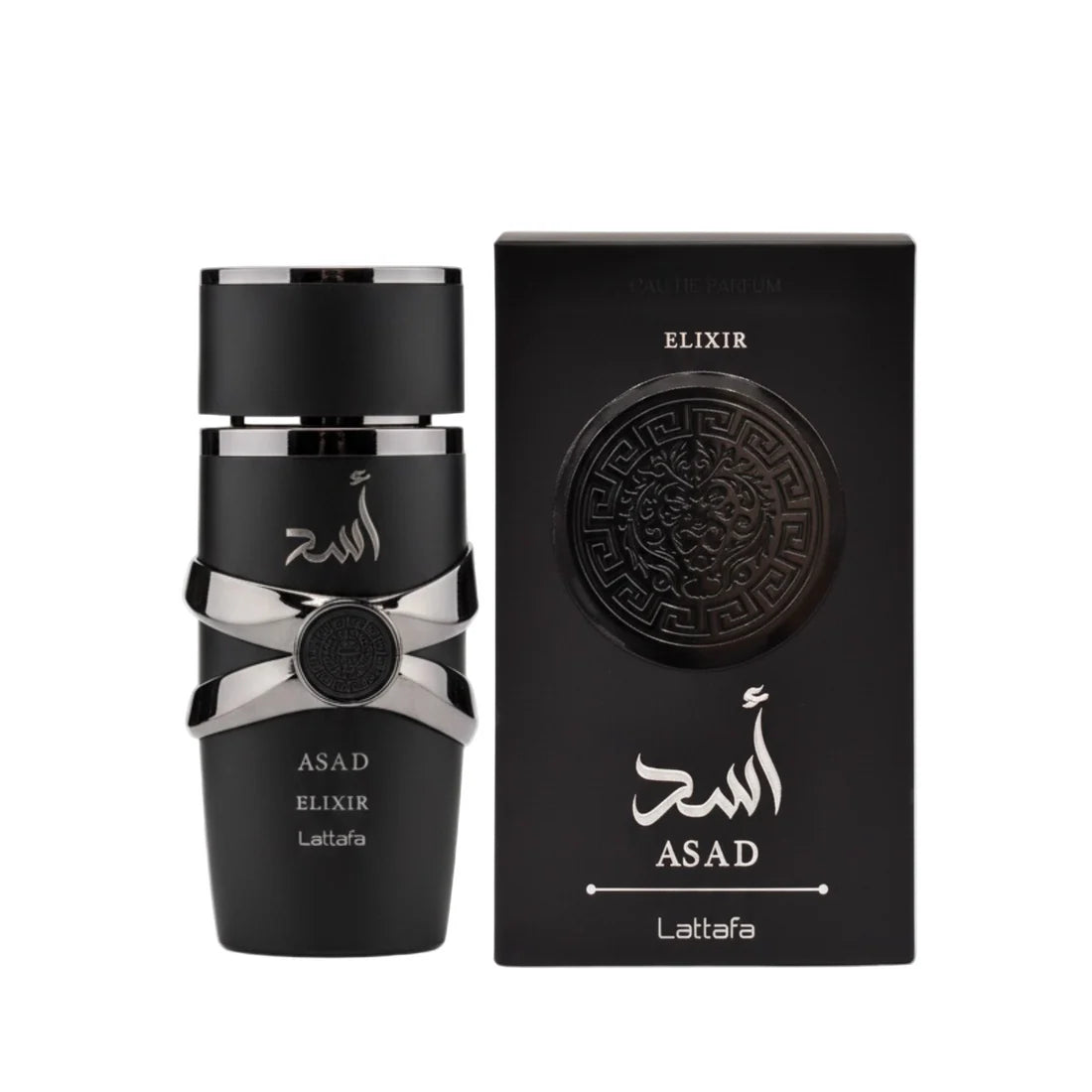 Lattafa Asad Elixir perfume for men, 100ml EDP bottle with elegant design and brand logo visible.