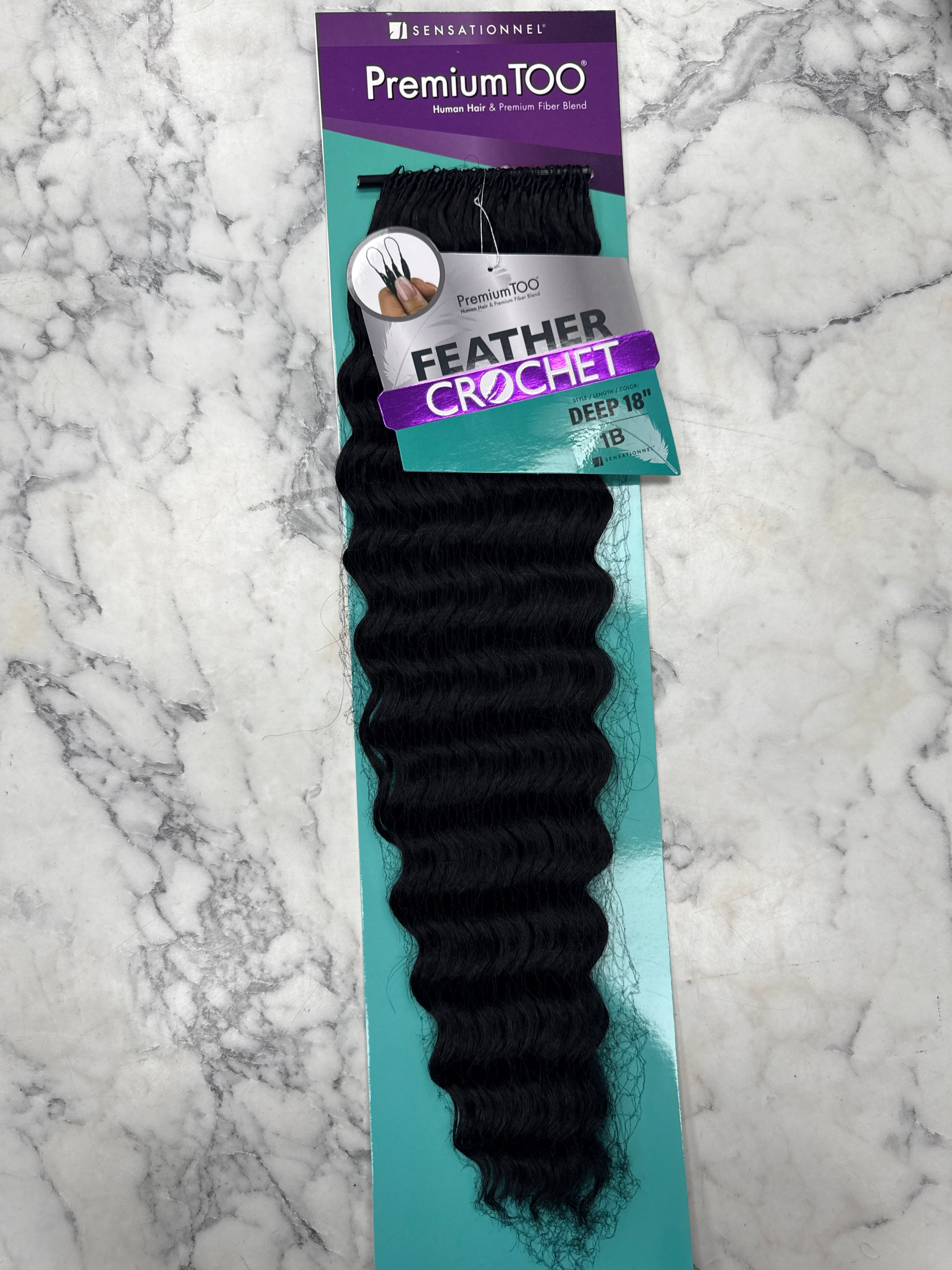 Premium Too Blend Feather Crochet deep wave hair extensions in 14 to 18 inches, showing soft, layered, deep wave crochet hair.