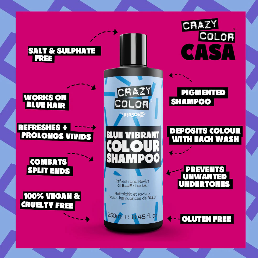 Crazy Color Vibrant Blue Shampoo in 250ml bottle, showcasing bright blue liquid for vivid hair color.