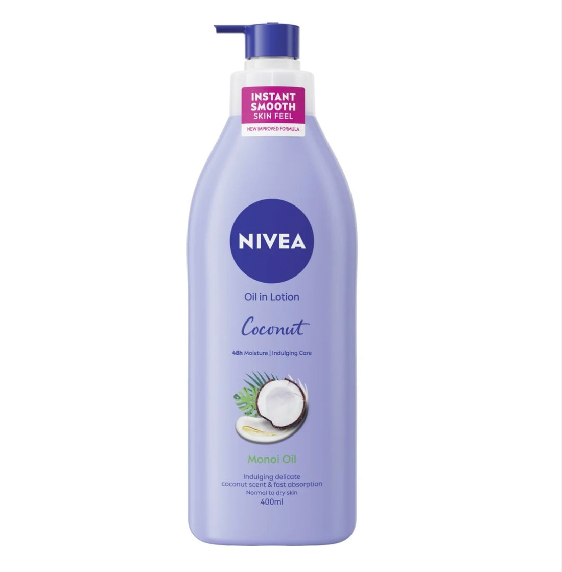 NIVEA Coconut & Monoi Oil Body Lotion bottle with white pump dispenser and label, 400ml size, on a white background.