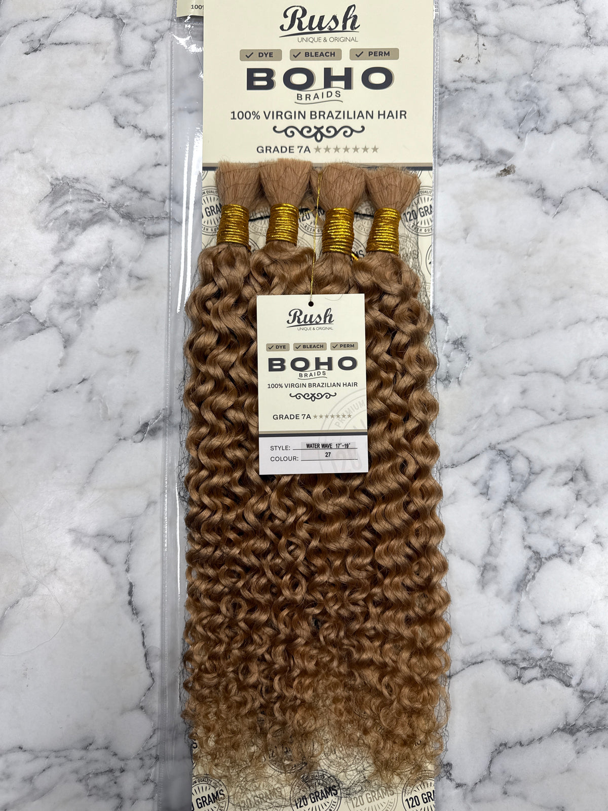 Rush Boho Braids Water Wave Virgin Brazilian Hair extensions in 17 to 19 inches, featuring natural water wave texture and boho style.