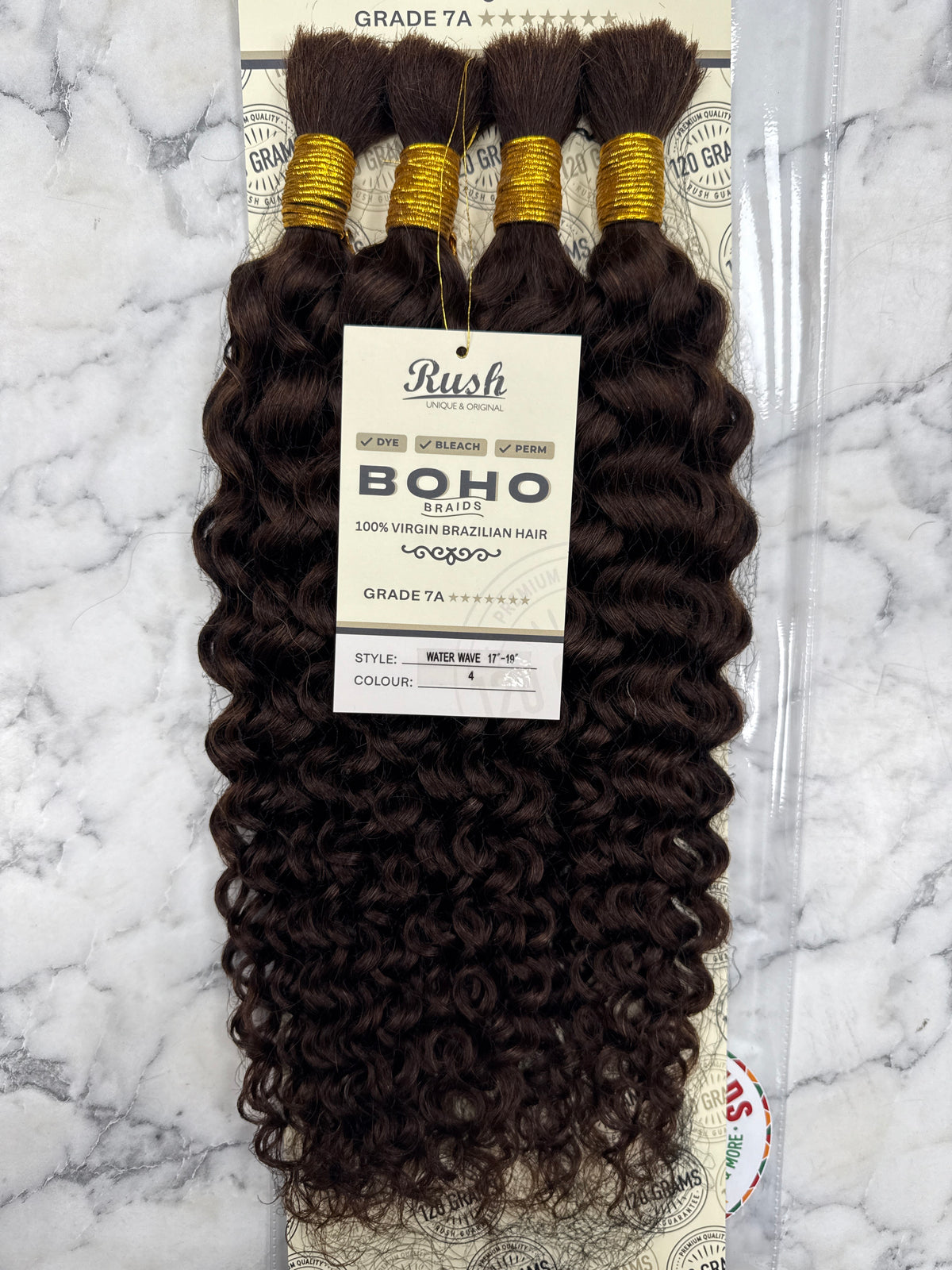 Rush Boho Braids Water Wave Virgin Brazilian Hair extensions in 17 to 19 inches, showcasing soft, wavy hair with natural shine.