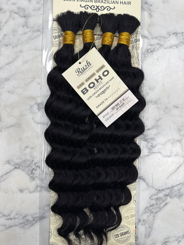 Brazilian Rush human hair extensions with deep wave boho braid, 17-19 inches, 120g, natural textured braid for versatile styling