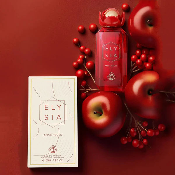 Elysia Apple Rouge perfume bottle by Fragrance World, 100ml EDP fragrance with a sleek design and vibrant red accents.