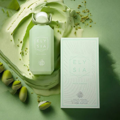 Fragrance World Elysia Pista Sundae perfume 100ml EDP bottle with a sleek design and colorful label.