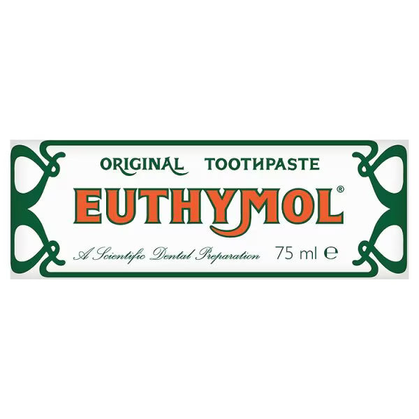 Euthymol original toothpaste in a 75ml tube, featuring distinctive packaging and classic herbal flavor for oral hygiene.