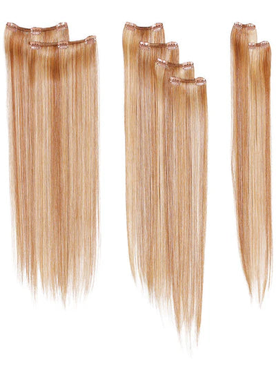 Dressmaker 100% human hair clip-in straight extensions in 14, 18, and 22 inches, displayed in a professional extension kit