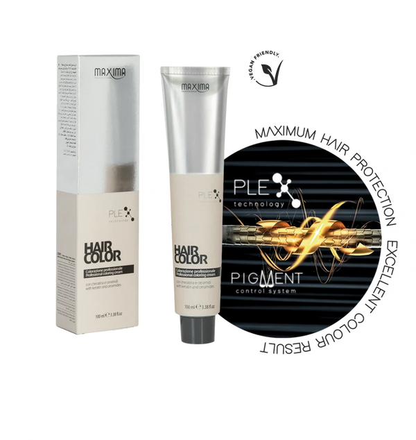 Vitalfarco Maxima Plex Hair Coloring Cream tube, professional hair color product in a sleek black and purple packaging.