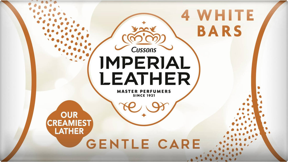 Four bars of Imperial Leather Gentle Care soap, 100g each, arranged in a pack, showcasing the soft, gentle soap bars.