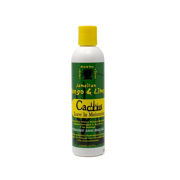 Jamaican Mango & Lime Cactus Leave-In Moisturizer for hair, 8 oz bottle showing the product label and packaging.