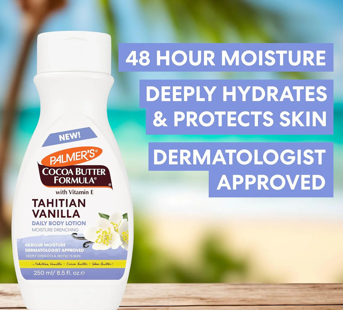 Palmer's Tahitian Vanilla daily body lotion in a 250ml bottle, featuring creamy texture and vanilla scent for smooth skin