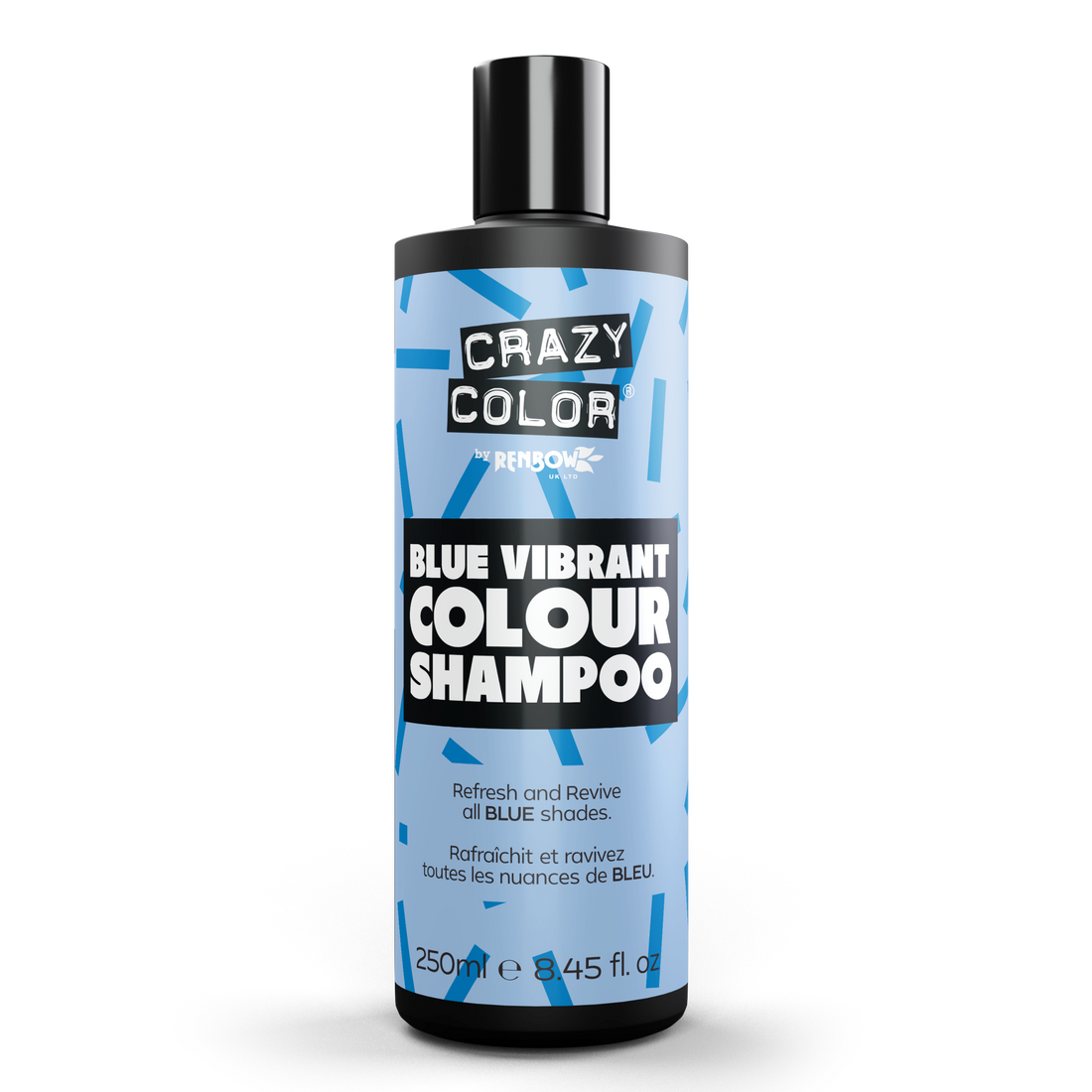 Crazy Color vibrant blue shampoo bottle, 250ml, with colorful label showcasing the bright, vivid blue hair wash product.