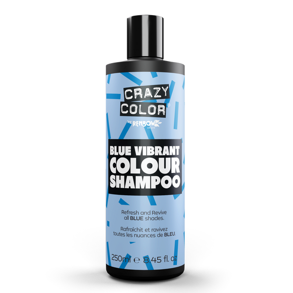 Crazy Color vibrant blue shampoo bottle, 250ml, with colorful label showcasing the bright, vivid blue hair wash product.