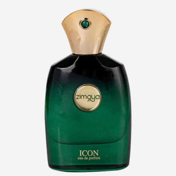 Zimaya Icon perfume bottle with sleek design and clear glass, showcasing the elegant Zimaya brand logo on the front.