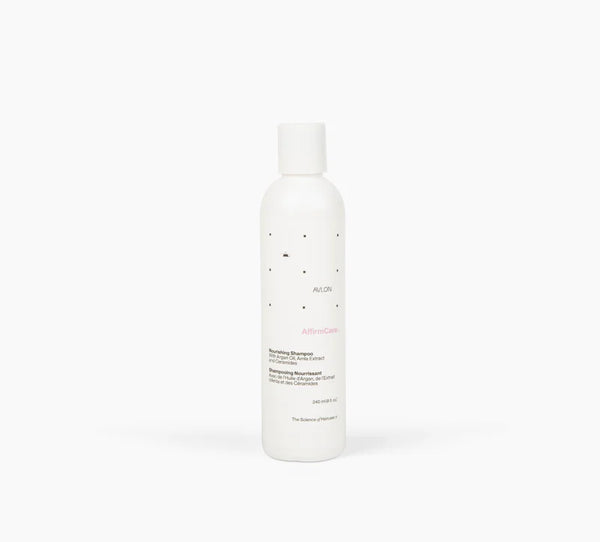 Avlon Affirm Care Nourishing Shampoo 240ml bottle, scalp protector with calming formula, shown in a sleek, clear container.