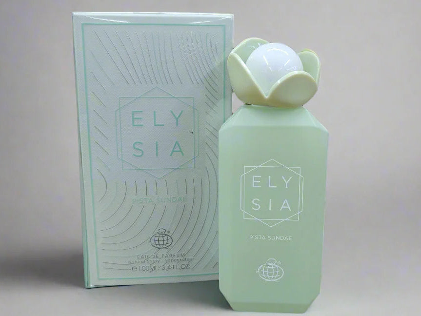 Fragrance World Elysia Pista Sundae perfume 100ml EDP bottle with elegant packaging and floral design on the background.
