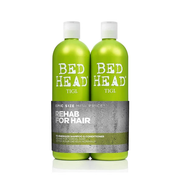 TIGI Bed Head Re-Energize shampoo and conditioner bottles, 2 x 750ml, with sleek packaging and vibrant labels.