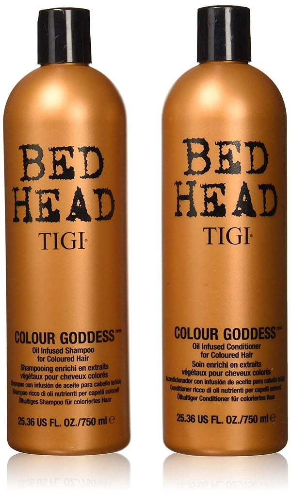 Tigi Bed Head Electric Hair Color Goddess shampoo and conditioner bottles, 750ml, with vibrant label design and pump dispensers.