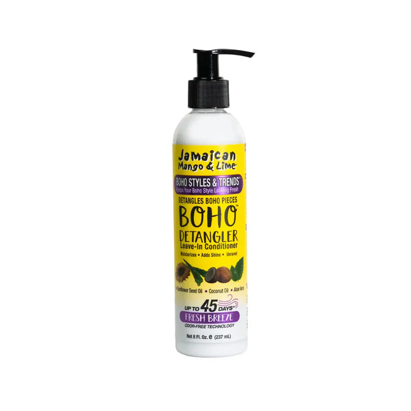 Jamaican Mango & Lime Boho Detangler Leave-In Conditioner 237ml for hair care, featuring a sleek bottle with colorful label design