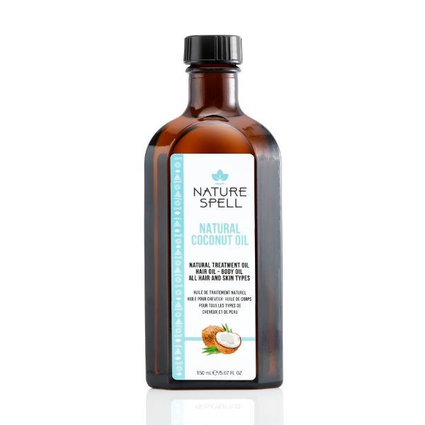 Nature Spell Coconut Oil Hair and Body Oil 150ML, creamy bottle with coconut illustration, showcasing versatile hair and body moisturizer.