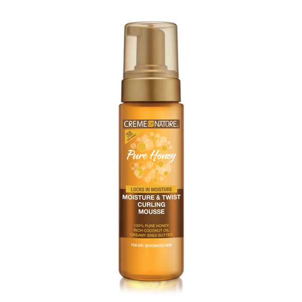 Creme of Nature Pure Honey Moisture & Twist Curling Mousse in 7oz bottle, showcasing the hair mousse product with a pump dispenser.