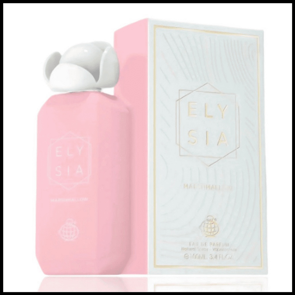 Fragrance World Elysia Marshmallow perfume bottle for women, 100ml EDP with a sleek design and marshmallow scent accents.