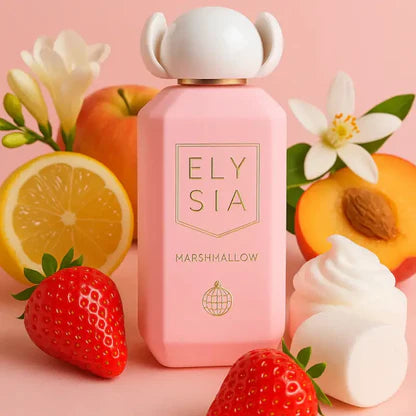 Fragrance World Elysia Marshmallow perfume bottle for women, 100ml EDP with a sleek design and floral accents on the packaging