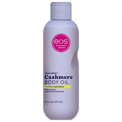 EOS Vanilla Cashmere Body Oil in 6oz bottle, smooth and hydrating with vanilla scent, displayed in a clear container.
