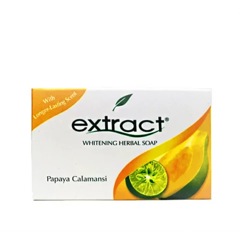 Extract Papaya Calamansi Whitening Herbal Soap 125g bar, showing the soap with herbal ingredients and packaging.