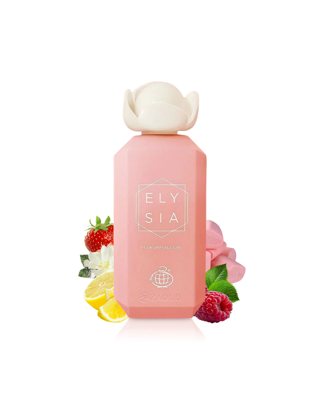 Fragrance World Elysia Marshmallow perfume bottle surrounded by marshmallows and strawberries on a white background.