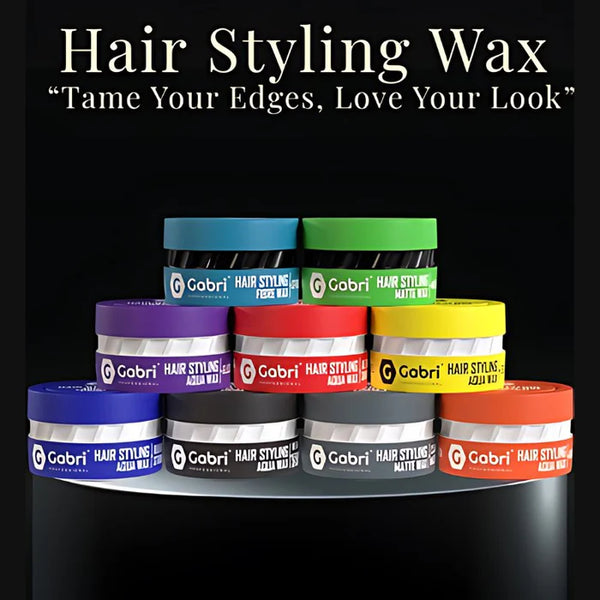 Gabri Professional Hair Styling Wax by Beauty Flex UK in 150ml jar, showcasing smooth, shiny hair with styled texture.