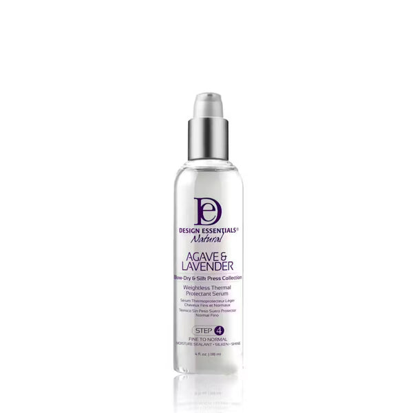 Design Essentials Agave & Lavender Thermal Protectant Serum in a clear bottle with a pump, designed for heat protection and nourishing hair.