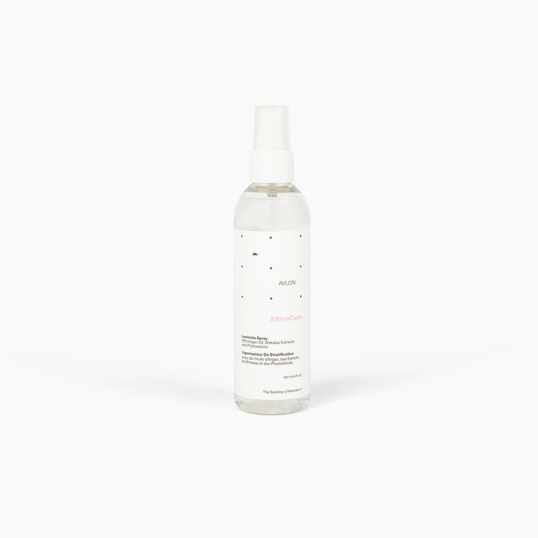 Avlon AffirmCare Style Right Laminate Spray 100ml, a professional hair styling product with a spray bottle for sleek, shiny hair.