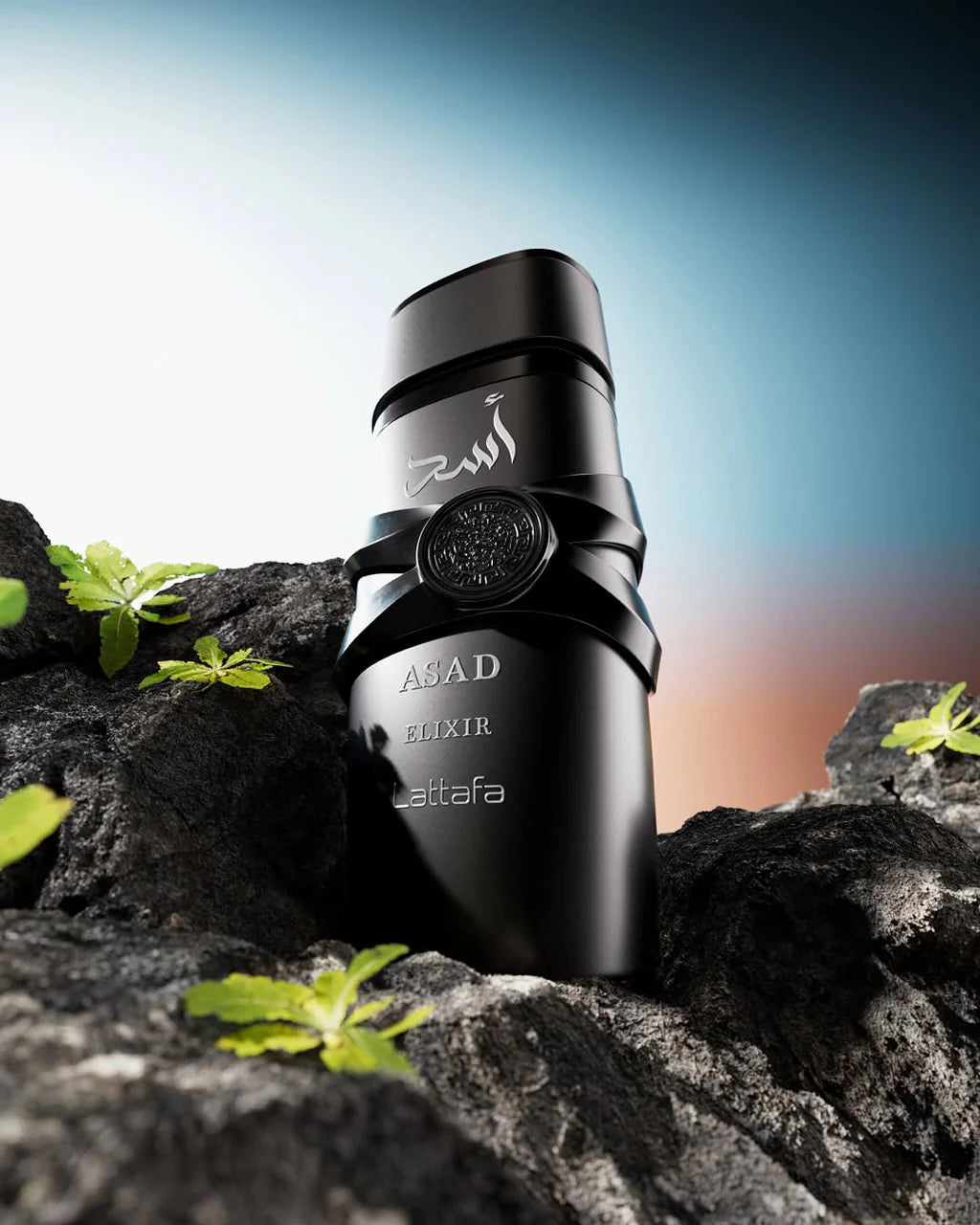 Lattafa Asad Elixir perfume for men, 100ml EDP, featuring a masculine fragrance with a sleek bottle design.