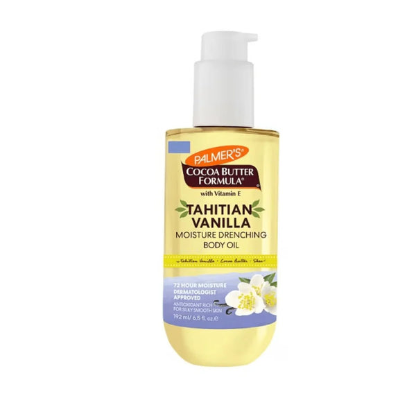 Palmer's Tahitian Vanilla Moisture Drenching Body Oil bottle, 192ml, with a sleek container and vanilla scent label.